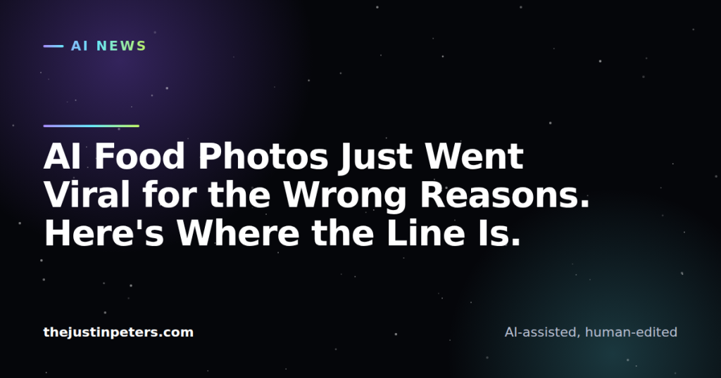 Dark card reading: AI Food Photos Just Went Viral for the Wrong Reasons. Here's Where the Line Is. Category: AI News. thejustinpeters.com