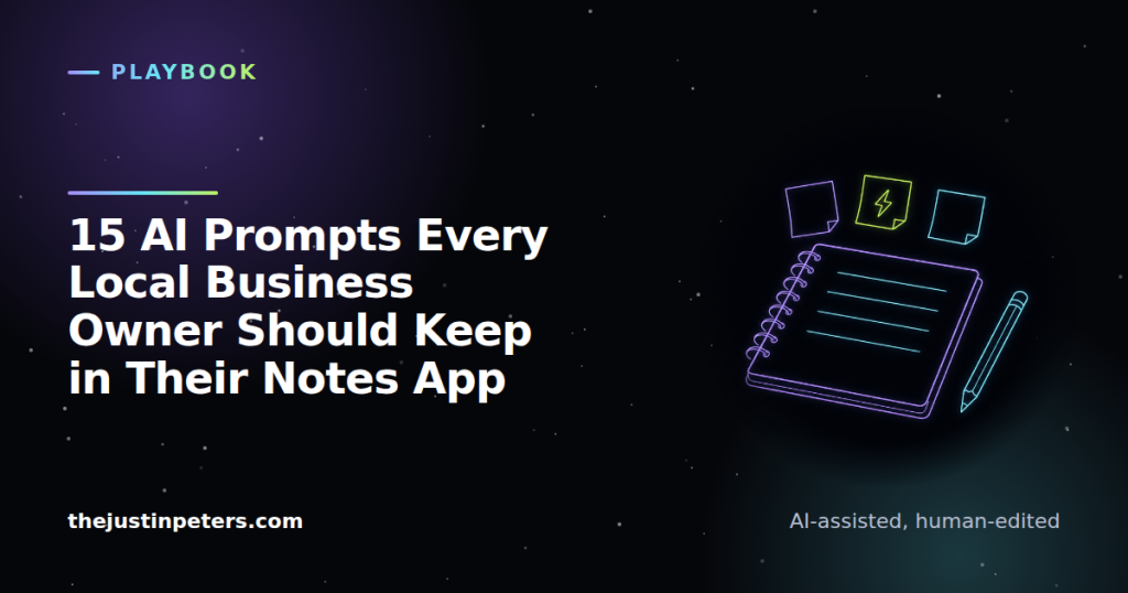 Dark card reading: 15 AI Prompts Every Local Business Owner Should Keep in Their Notes App, with a line illustration of a spiral notebook, pencil, and sticky notes. Category: Playbook. thejustinpeters.com