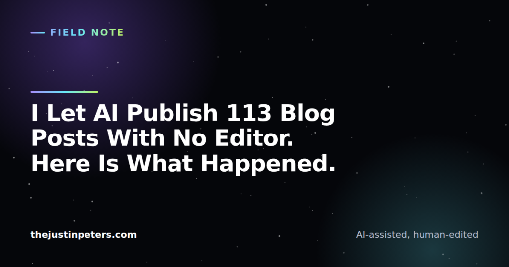 Dark card reading: I Let AI Publish 113 Blog Posts With No Editor. Here Is What Happened. Category: Field Note. thejustinpeters.com