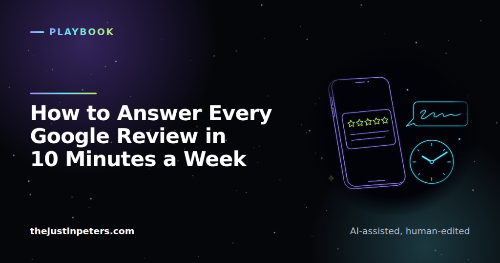 Dark card reading: How to Answer Every Google Review in 10 Minutes a Week, with a line illustration of a phone showing a five-star review, a reply bubble, and a clock. Category: Playbook. thejustinpeters.com