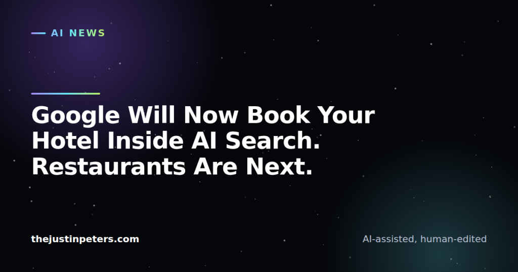 Dark card reading: Google Will Now Book Your Hotel Inside AI Search. Restaurants Are Next. Category: AI News. thejustinpeters.com